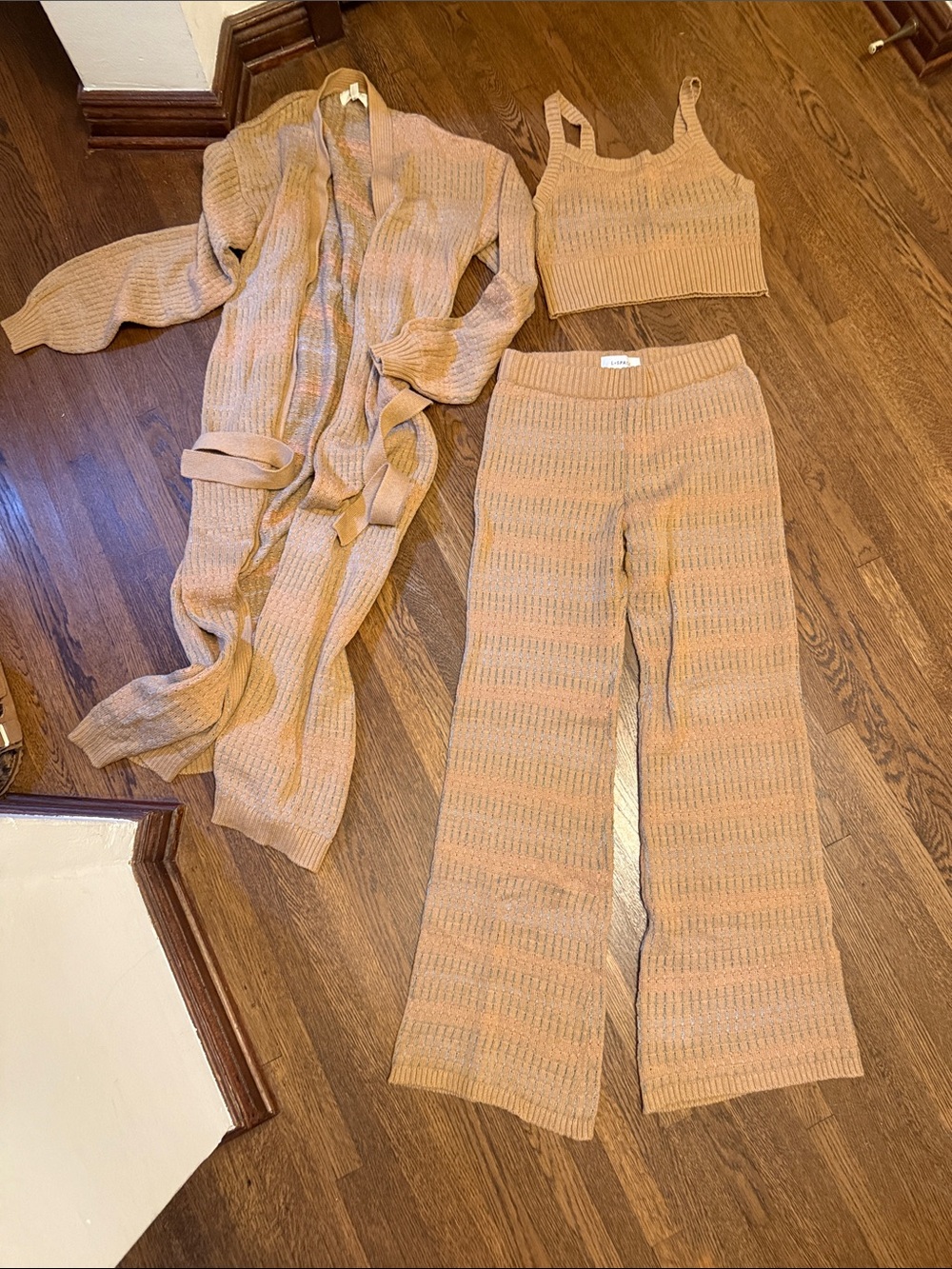 l*space Beige Knit Wide-Leg Pants - Neutral Ribbed Set 3 pieces! Cozy & comfy